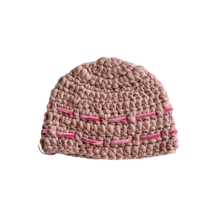 "CROCHEANT"Short Ribbon Beanie - Pink