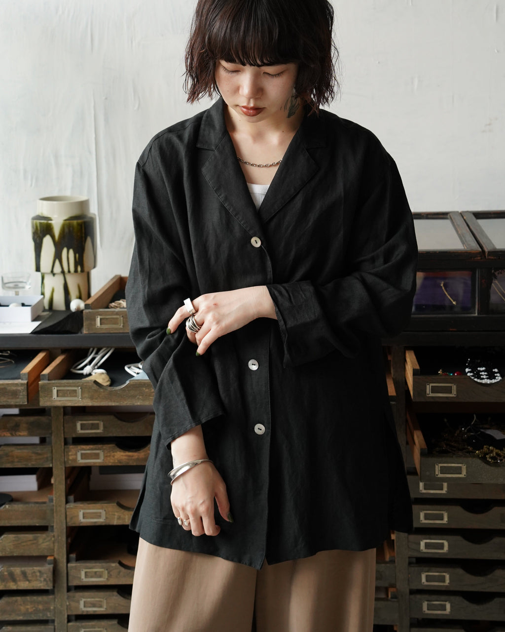 Linen Rayon Open Collar Jacket