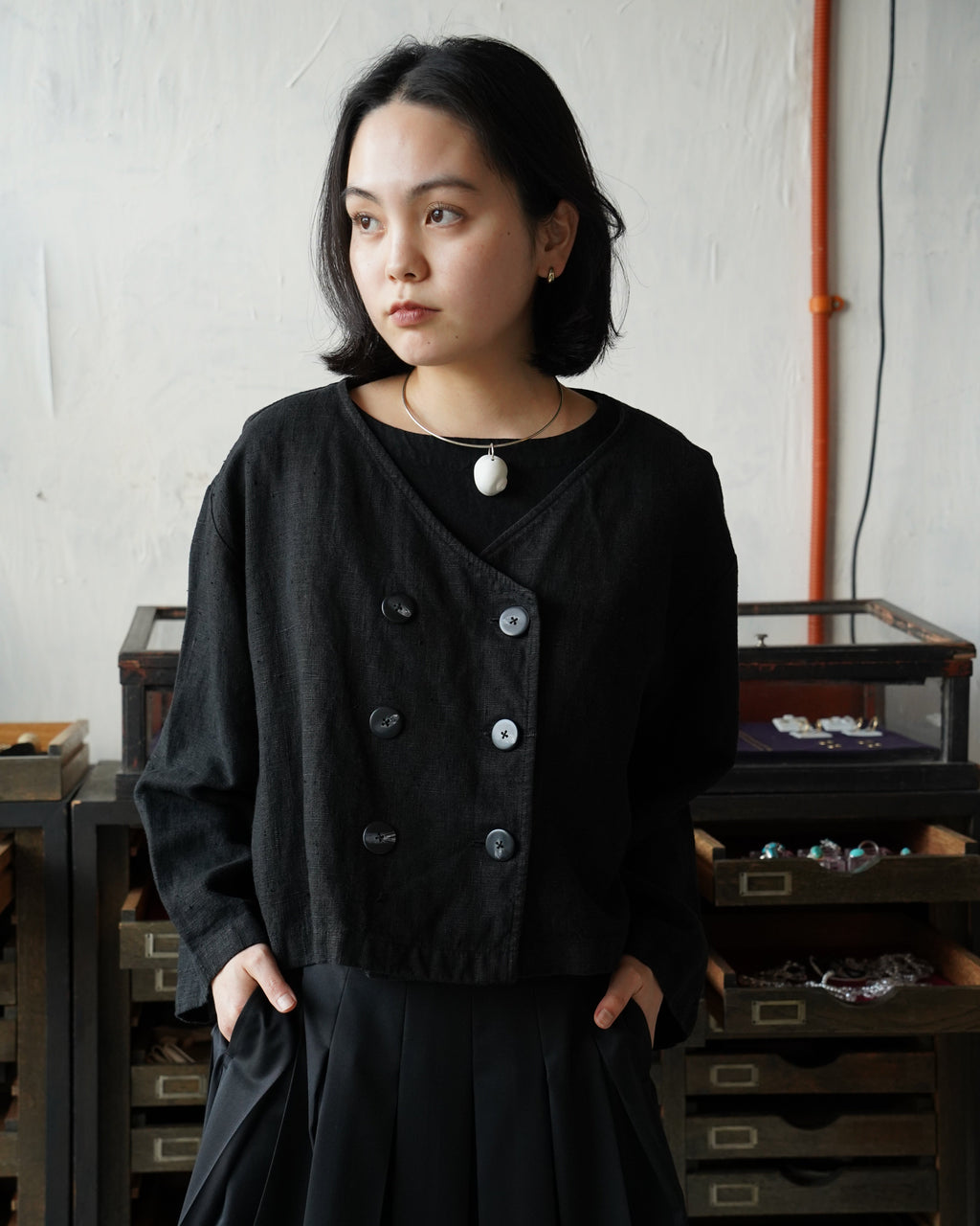 Linen Cropped Double-Breasted Jacket