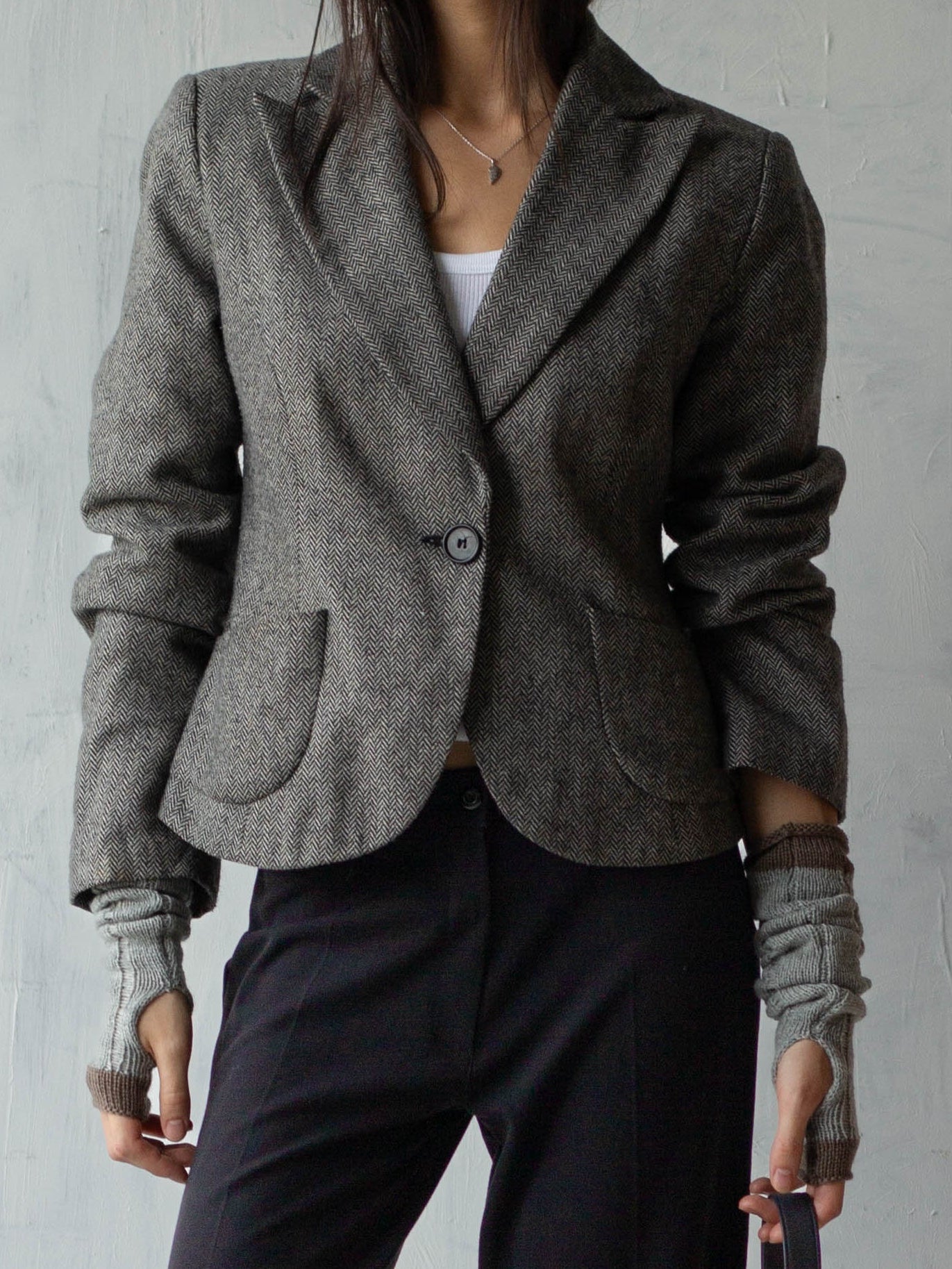 90s Cropped Herringbone Tailored Jacket