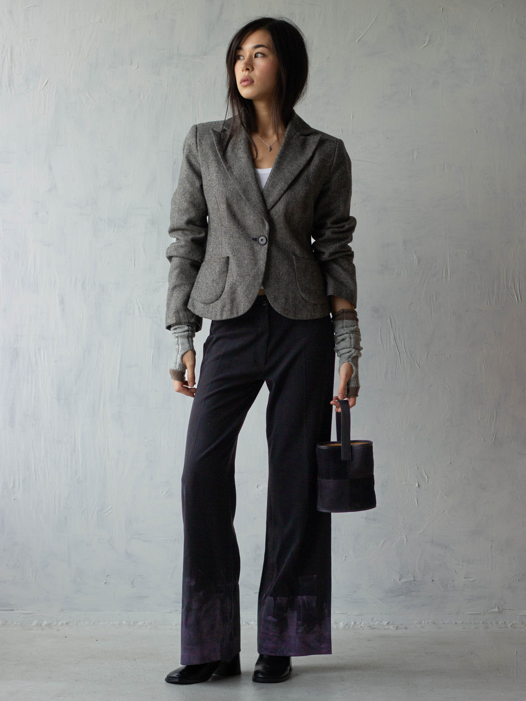 90s Cropped Herringbone Tailored Jacket