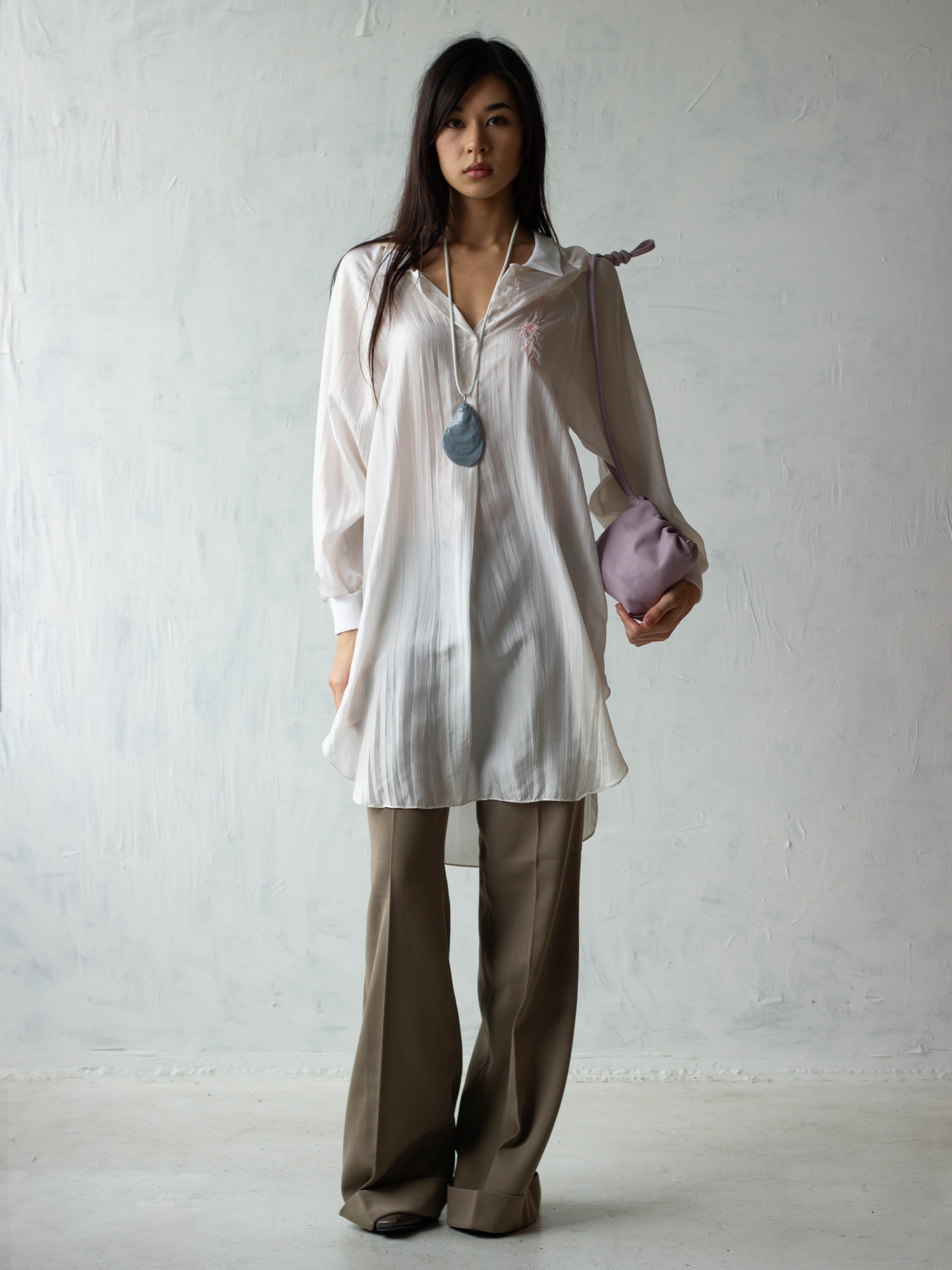 Silk Pullover Shirt with Rose Embroidery