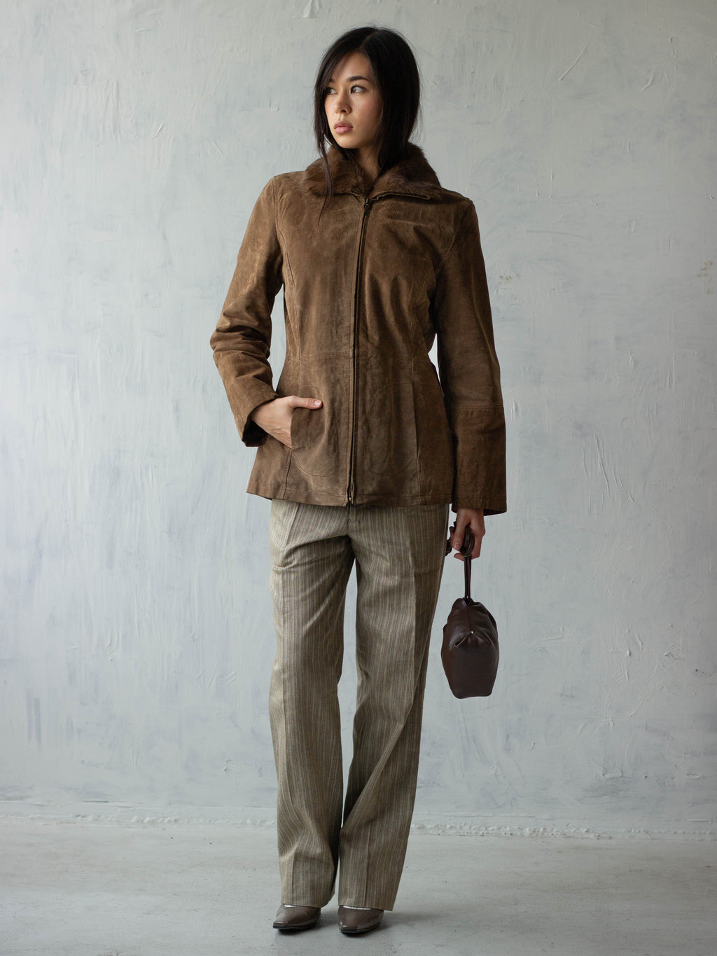 Brown Suede Leather Jacket with Faux Fur Collar