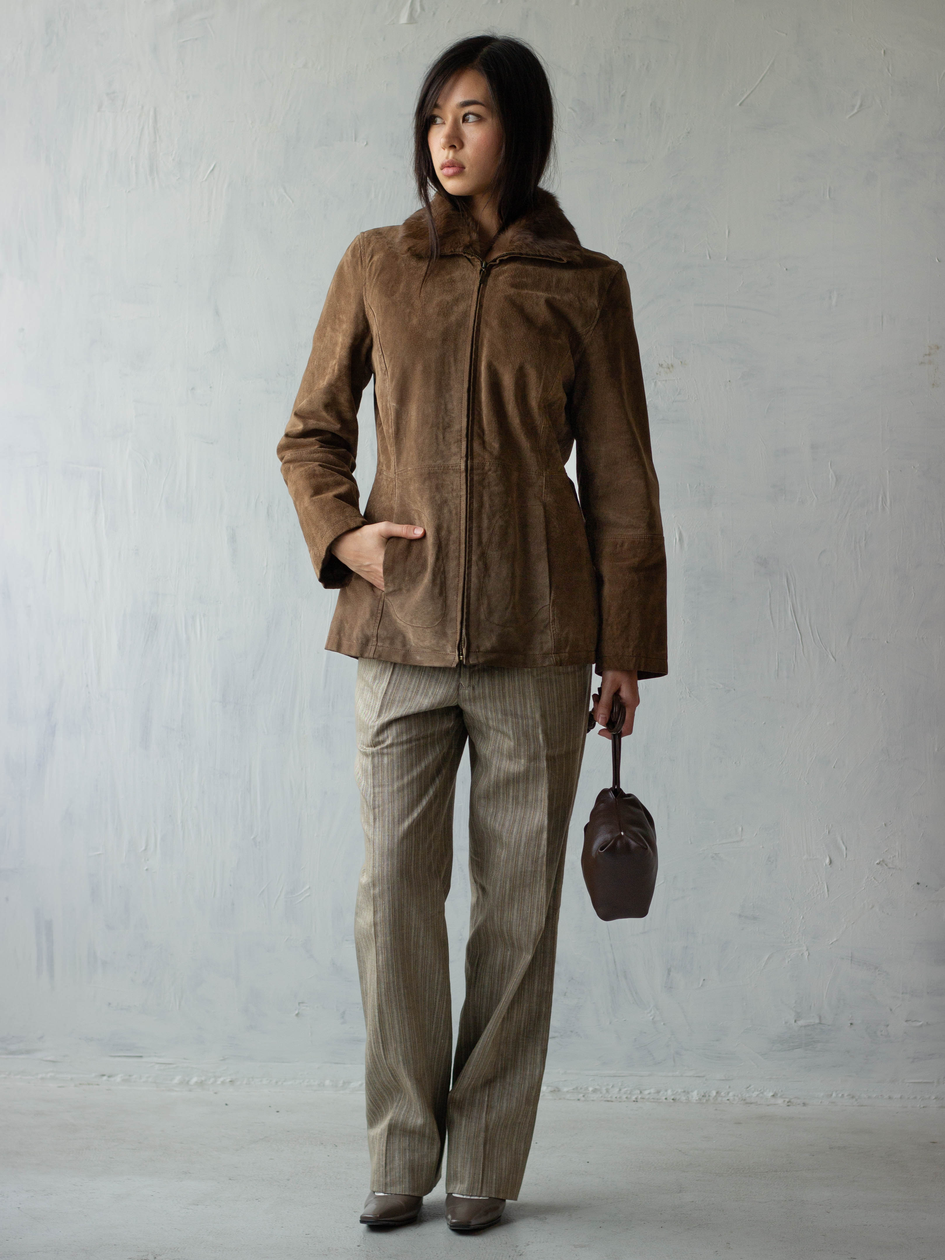 Brown Suede Leather Jacket with Faux Fur Collar