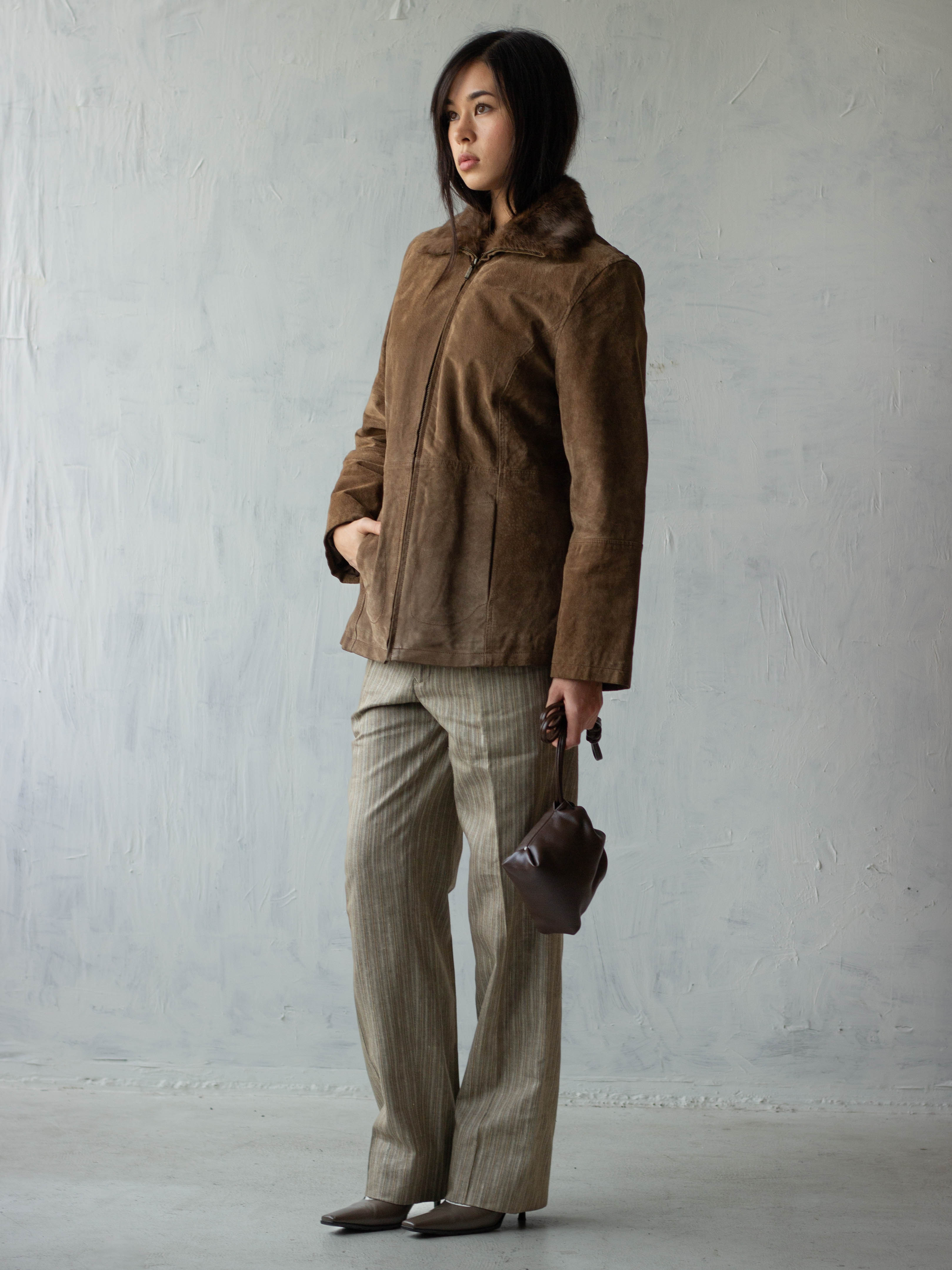 Brown Suede Leather Jacket with Faux Fur Collar