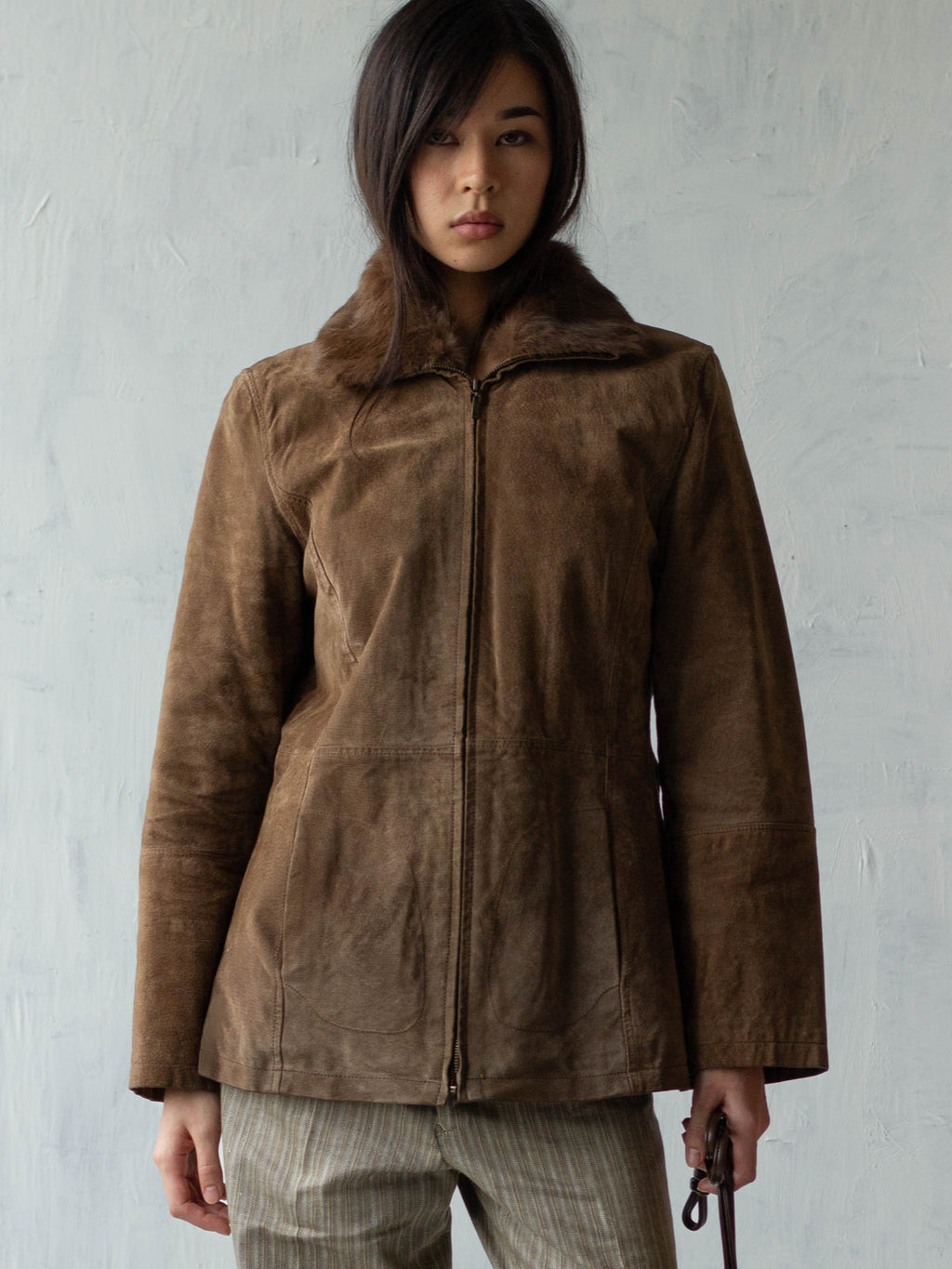 Brown Suede Leather Jacket with Faux Fur Collar