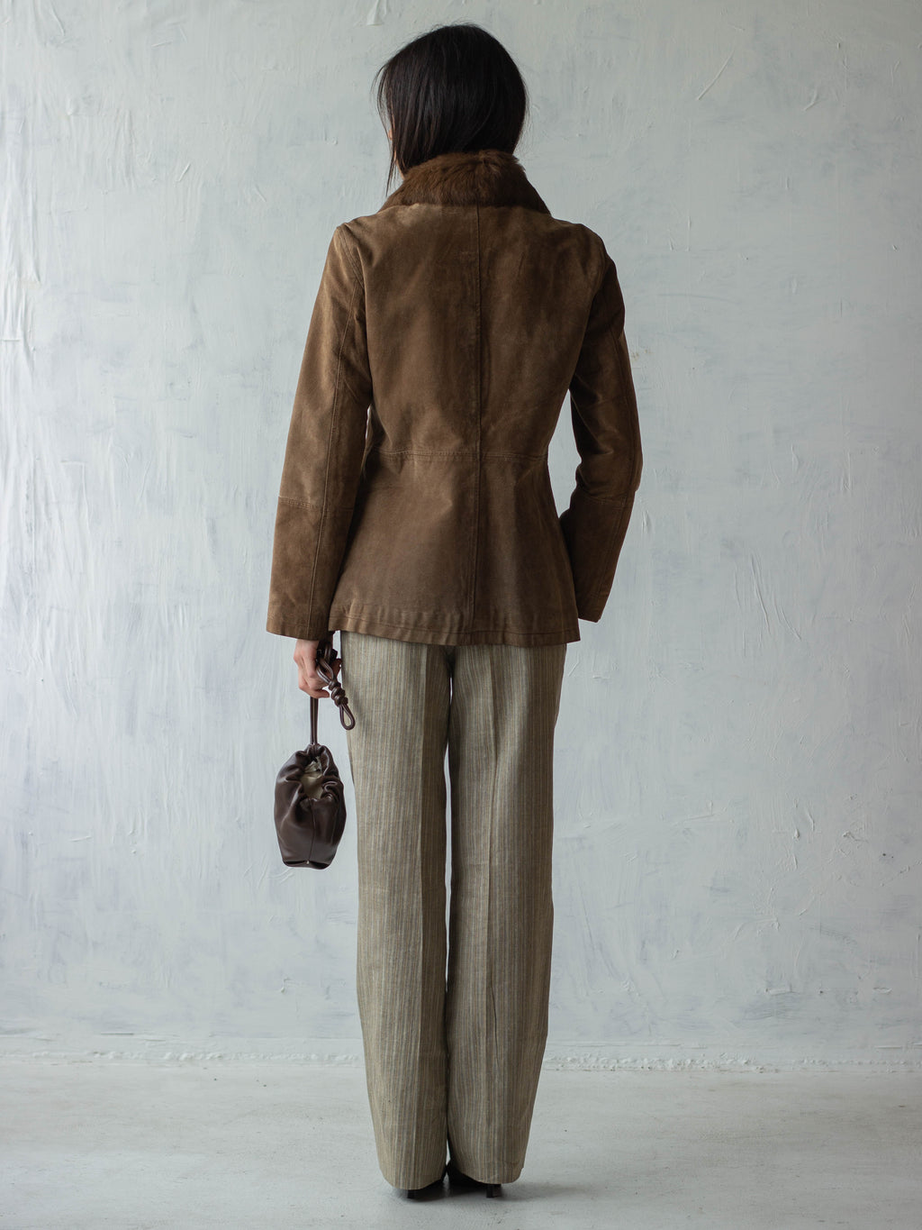 Brown Suede Leather Jacket with Faux Fur Collar