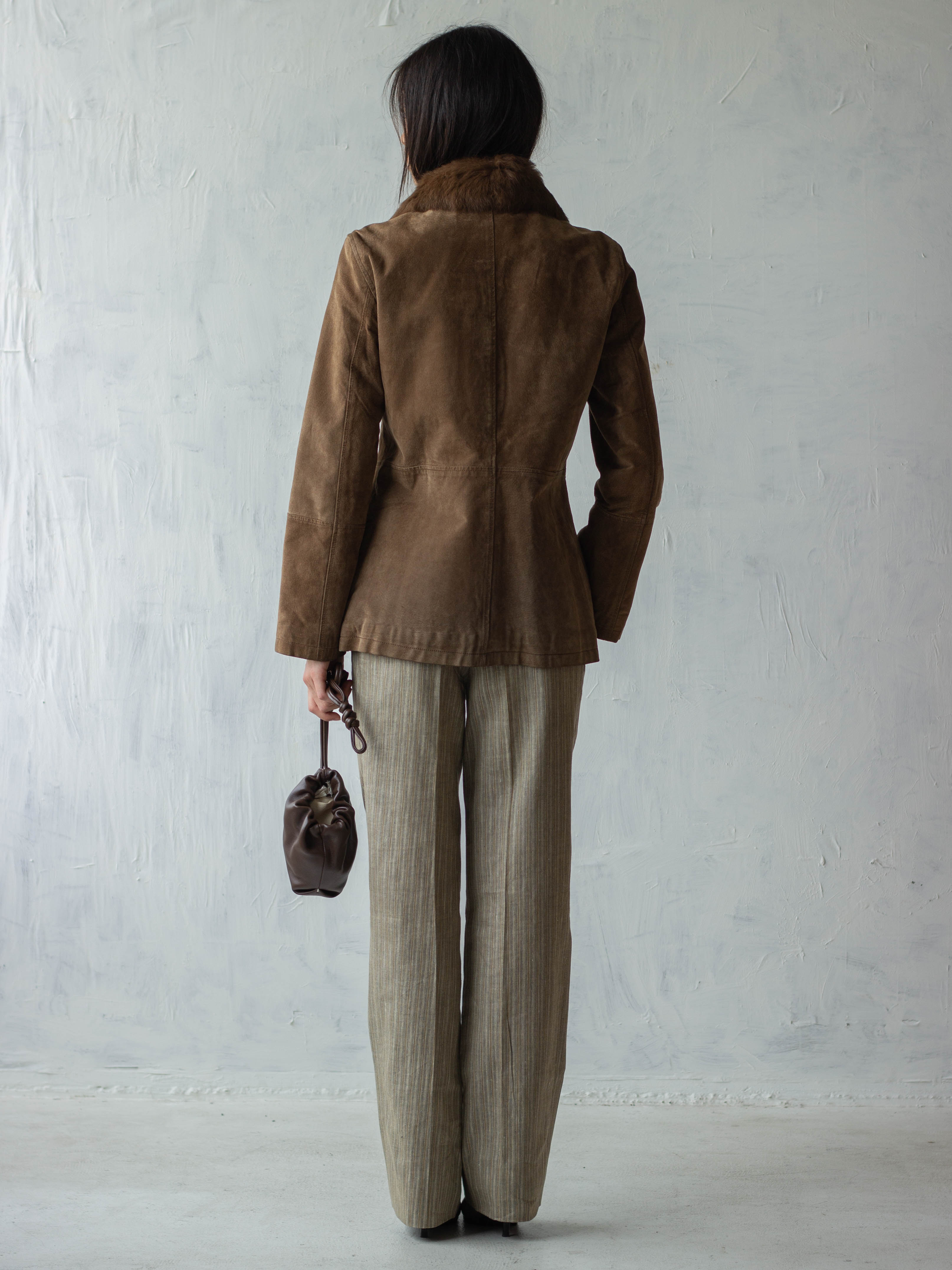 Brown Suede Leather Jacket with Faux Fur Collar
