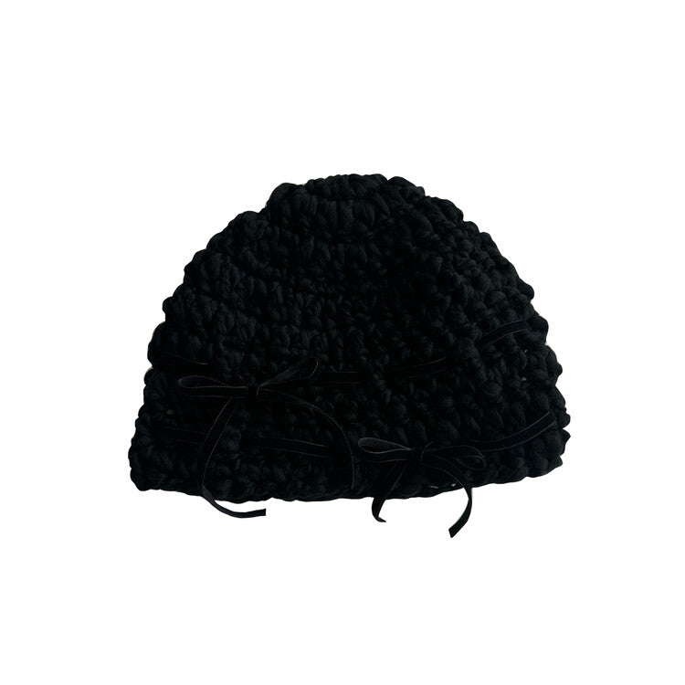 "CROCHEANT" Short Ribbon Beanie - All Black