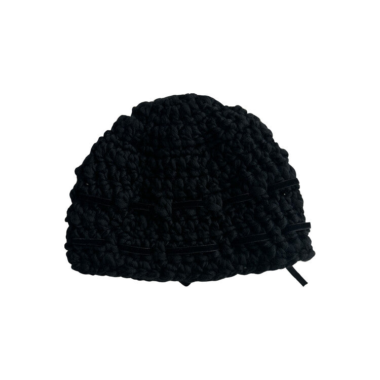 "CROCHEANT" Short Ribbon Beanie - All Black