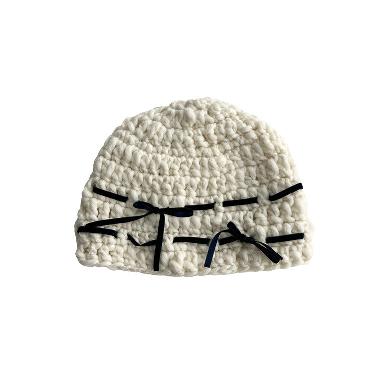 "CROCHEANT" Short Ribbon Beanie - Ivory