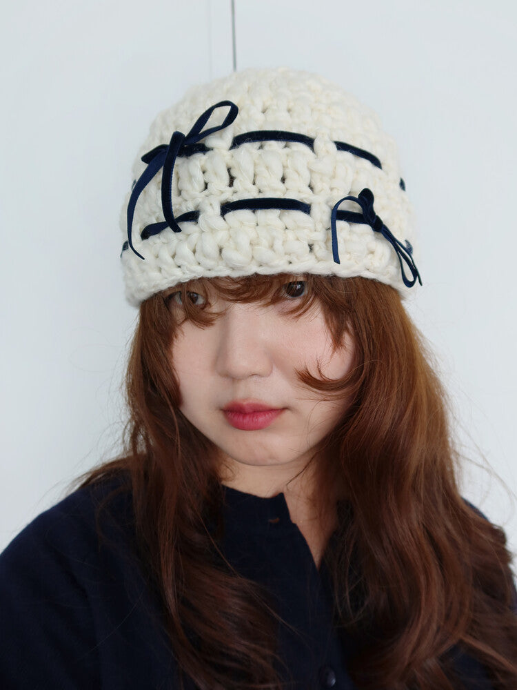 "CROCHEANT" Short Ribbon Beanie - Ivory
