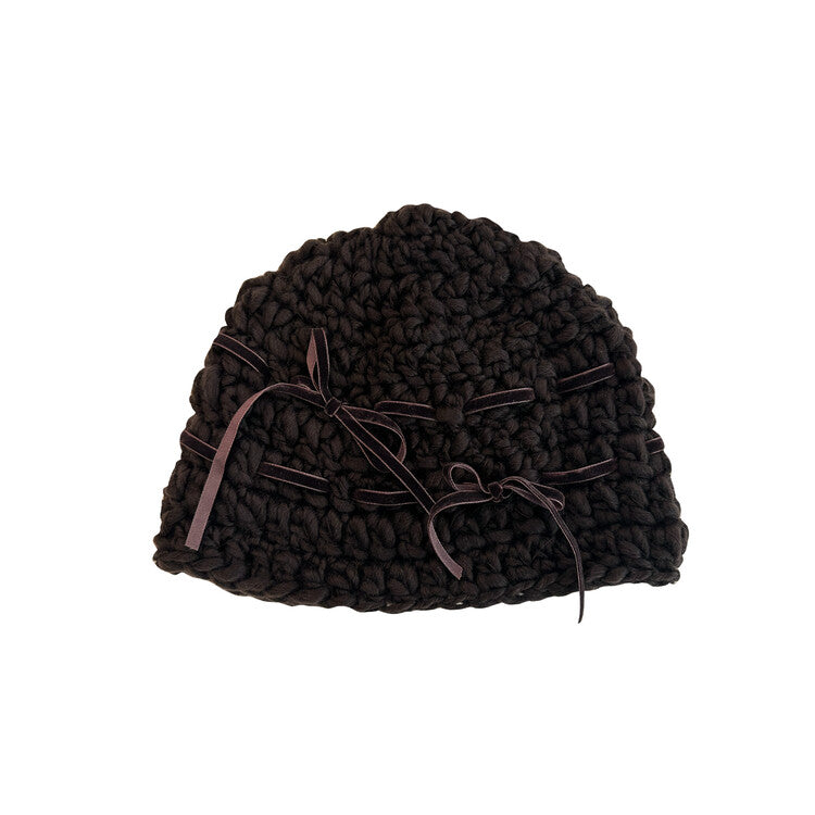 "CROCHEANT" Short Ribbon Beanie - Brown