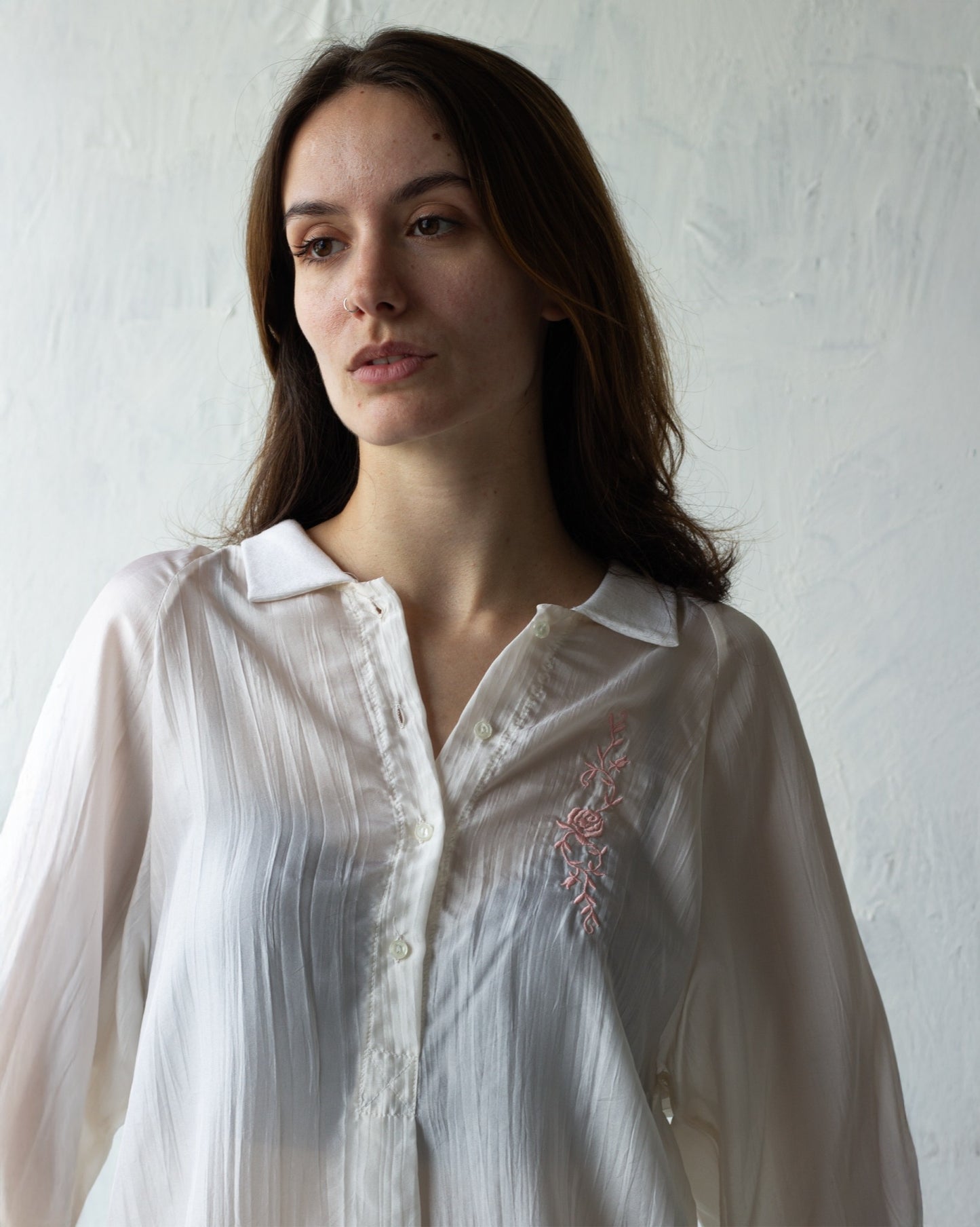 Silk Pullover Shirt with Rose Embroidery