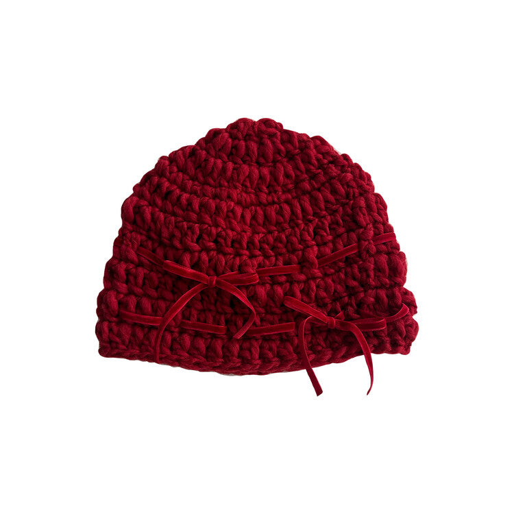 "CROCHEANT" Short Ribbon Beanie - Red
