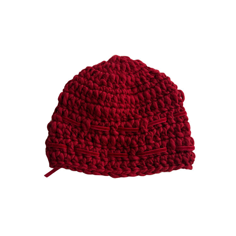 "CROCHEANT" Short Ribbon Beanie - Red