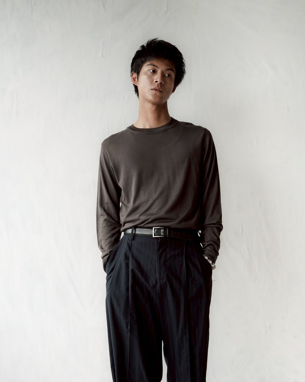 100% Washable Silk Tee L/S - Charcoal Brown