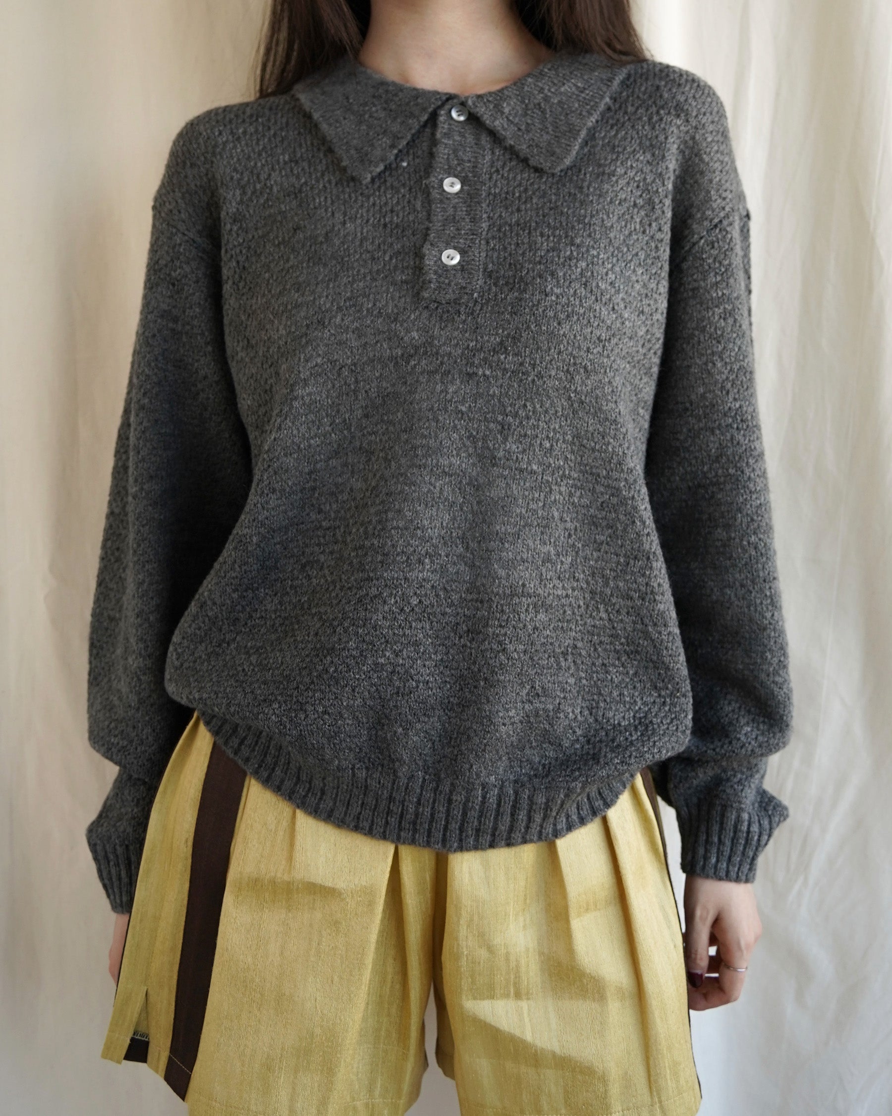 Mohair Blend Knit Polo - Gray