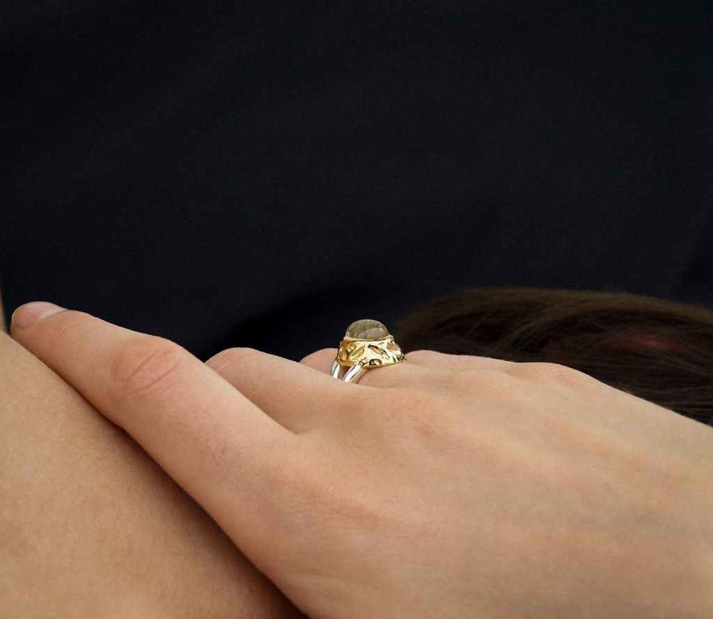 "Isabella Etou" Modern Leaf Braided Ring (Golden Rutilated Quartz)-10/11号