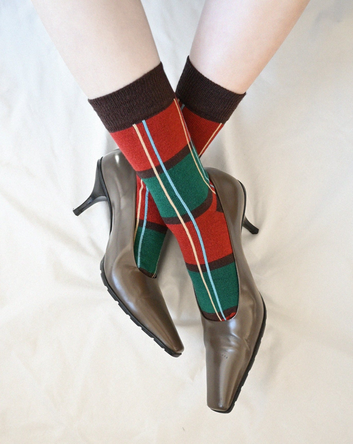 Wool Plaid Socks - Brown