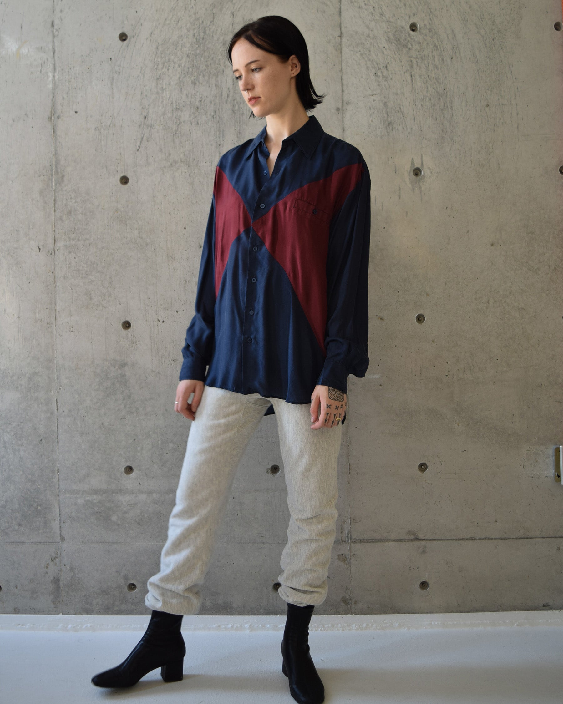 100% Silk Shirts - Navy x Wine
