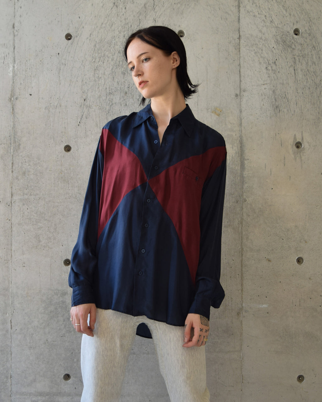 100% Silk Shirts - Navy x Wine