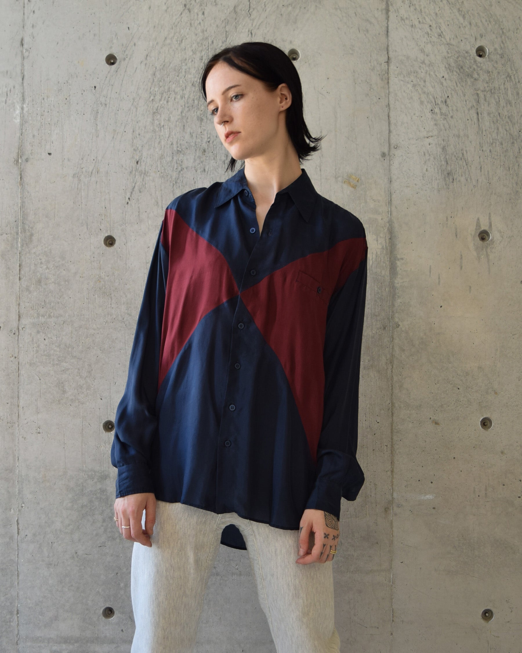 100% Silk Shirts - Navy x Wine