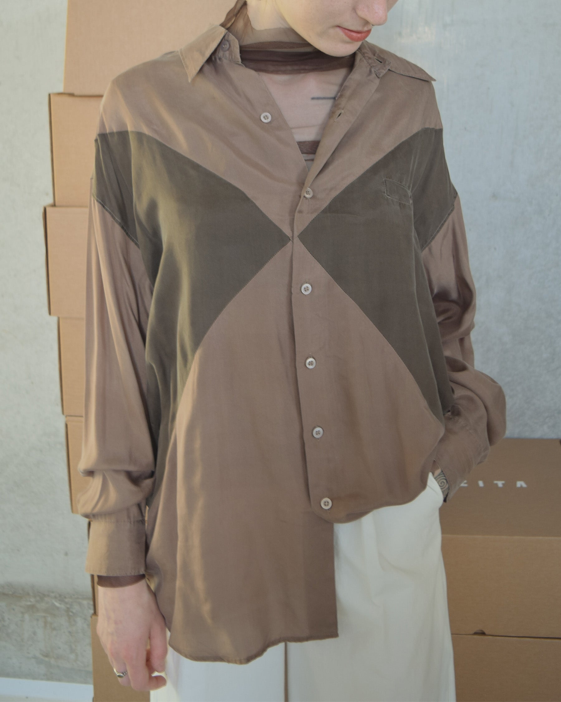 100% Silk Shirts - Nude x Brown