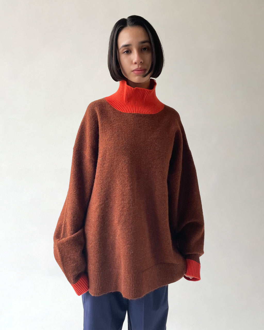 404 High Neck Bicolor Sweater by RYE TENDER - Brown×Orange