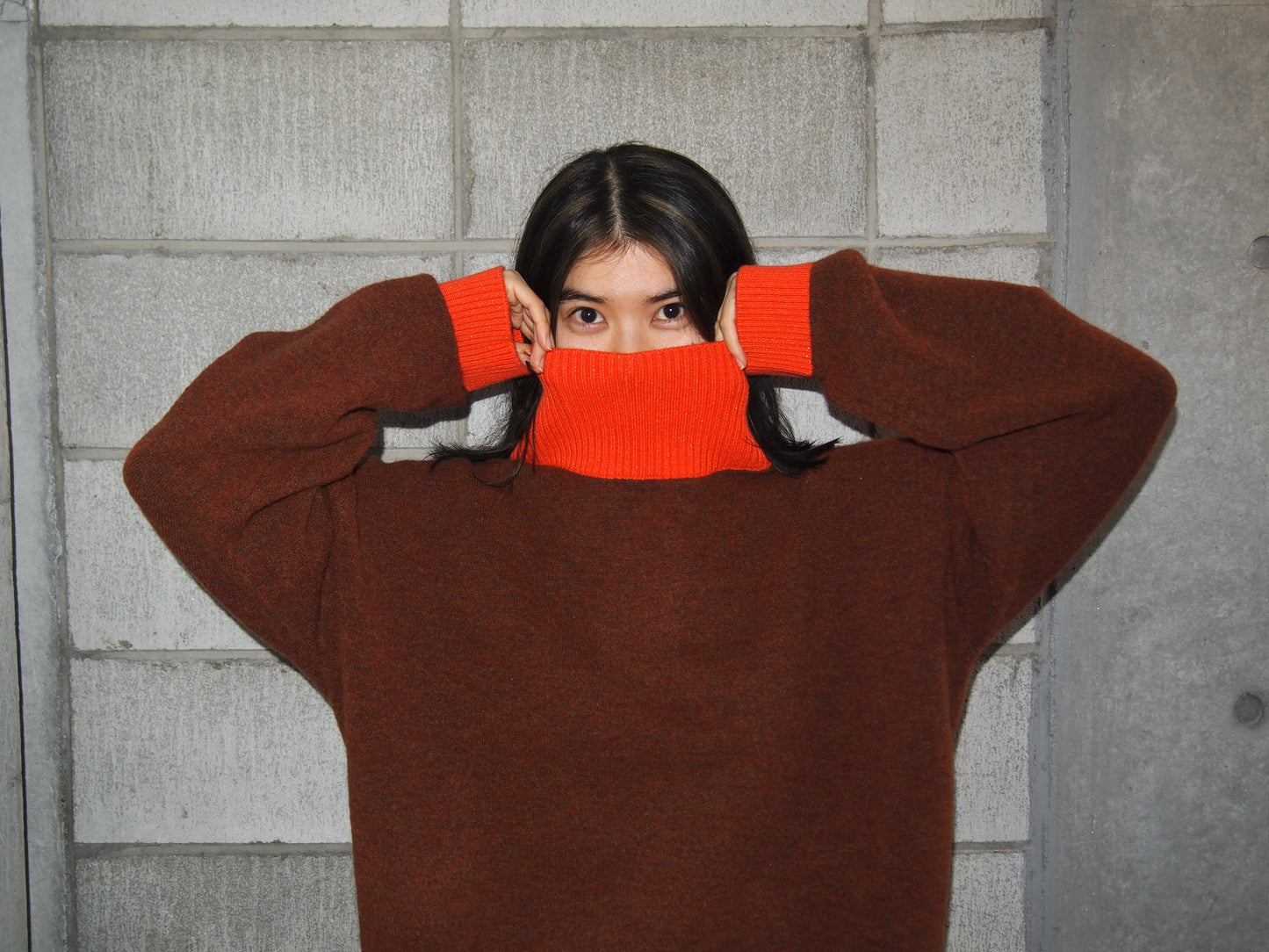 404 High Neck Bicolor Sweater by RYE TENDER - Brown×Orange