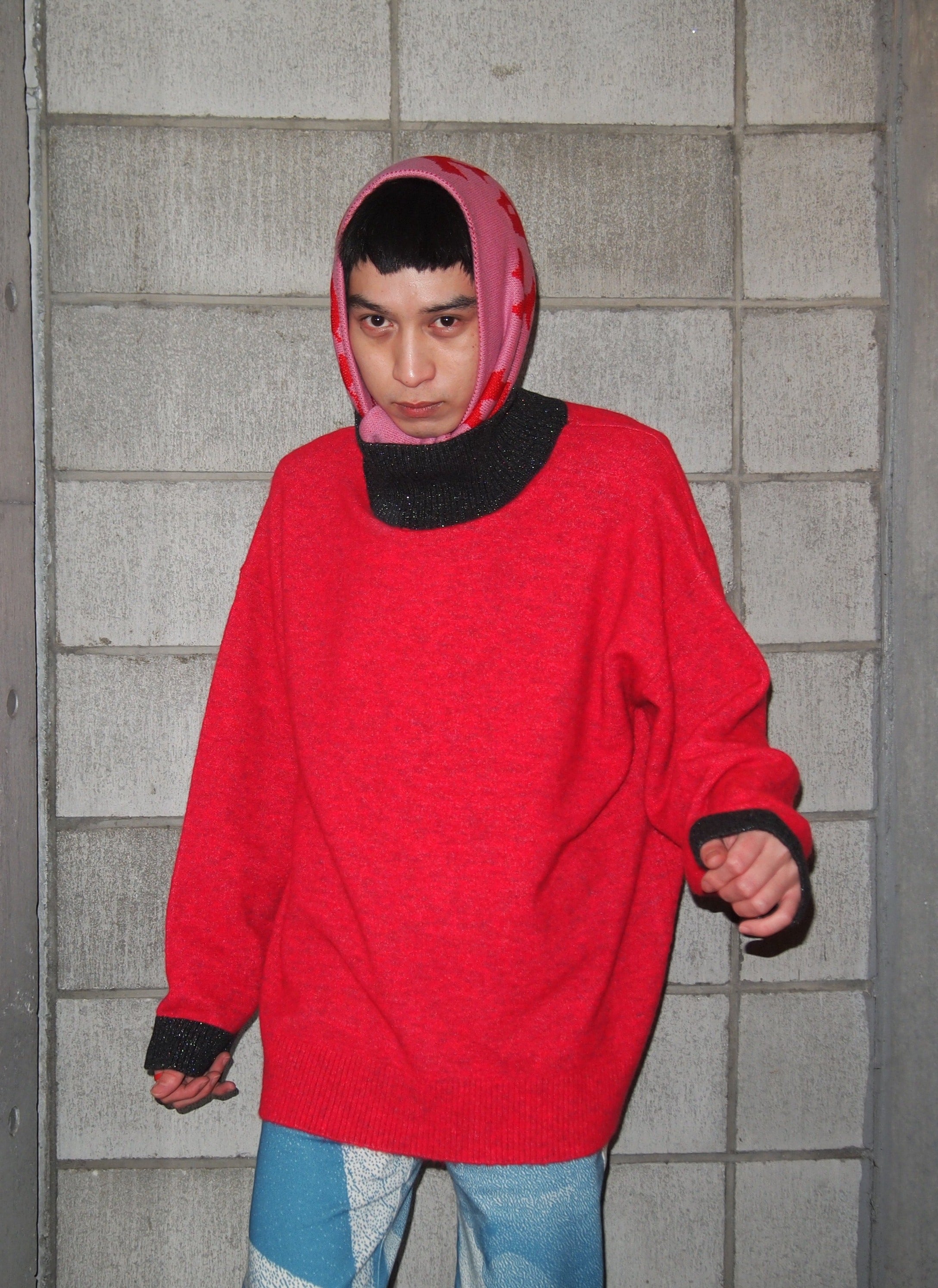 RYE TENDER]404 High Neck Bicolor Sweater - Pink×Chacoal