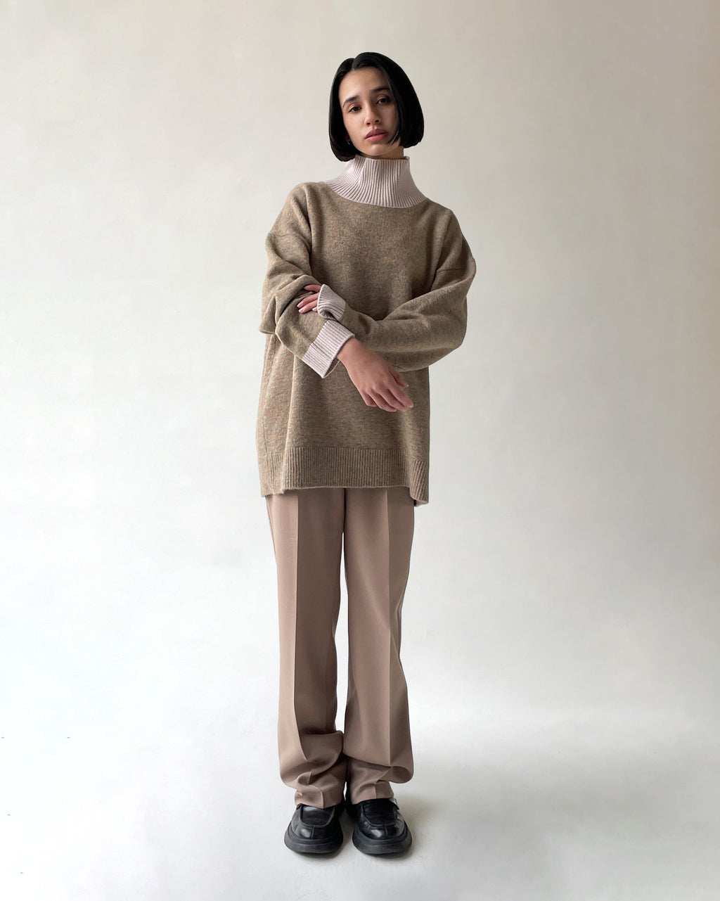 404 High Neck Bicolor Sweater by RYE TENDER - Beige×Off White